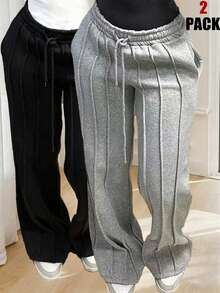2pcs 2026 Spring/Summer Casual Sweatpants | Women's Grey Wide Leg Joggers | Drawstring Waist, Side Pockets | Loose Fit | Suitable For Lounging, Beachwear And Everyday Wear - Multicolor - View 9