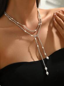 1 pieza Collar largo con cuentas de perlas estilo europeo y americano, cadena de clavícula multicapa, adecuado para ocasiones casuales, de viaje, diarias y de fiesta - Collar largo con cuentas - Ver 8