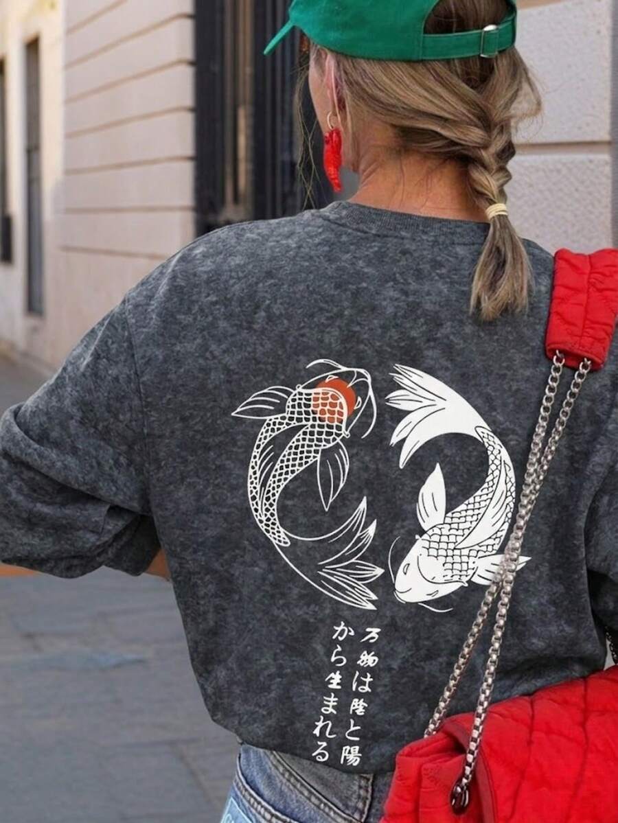 Women's Loose Fit Japanese Art Style Mineral Washed Koi Fish Print T-Shirt - Dark Gray - View 1