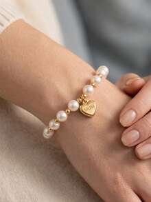 ZIRUISP 1pc Faux Pearl Beaded Bracelet For Women, Gold Stainless Steel MUM Heart Pendant Bracelet, Elastic Bracelet, Birthday Mother's Day Jewelry Fashion Accessories Gift For Mom - Heart-shaped Pearl Bracelet - View 3