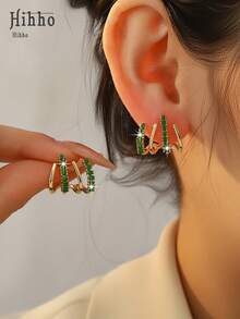 Hihho 1 Pair Elegant Emerald Zirconia Four-Claw Hoop Earrings, Exquisite Goddess Jewelry Earrings, Luxury Versatile Gift For Family And Loved Ones - Earring - View 6