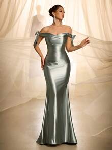 VIPGIRL 优雅奢华女士长款针织连衣裙，胸部褶皱设计，露肩细节，不对称下摆 - 銀色 - 查看 2