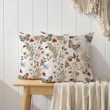 2 Stück Sofakissenbezüge, Frühlings-Blumen Outdoor Kissenbezüge mit Blumen, rosa, beige, grüne Blätter, Schmetterling Muster, dekorative Terrassenkissenbezüge ohne Füllung - Verschiedenfarbig - Übersicht 6