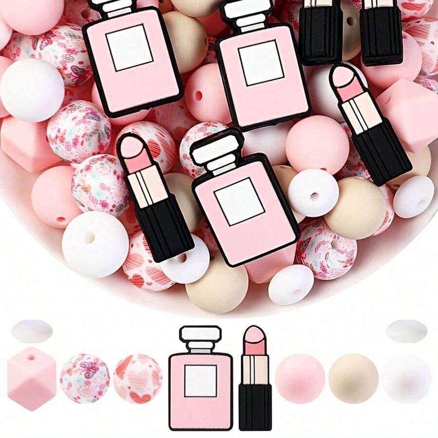 25/30 piezas Cuentas de silicona con forma de lápiz labial y perfume - Cuentas focales de silicona, cuentas poligonales + cuentas redondas impresas + cuentas planas, diseño de moda, para hacer joyas, ideal para pulseras DIY, cordones, bolígrafos con cuentas, decoraciones navideñas y otras manualidades - Regalo perfecto - Juego de cuentas, suministros de cuentas