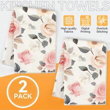 2pcs Pink Rose Print Kitchen Towels, 100% Polyester Kitchen Cleaning Cloths, Suitable For Restaurant, Kitchen And Home Decor; Quick-Drying, Lightweight, Fade-Resistant, Low-Shedding, Anti-Mildew, High Color Fastness, Size 40*60cm - Beige - View 2