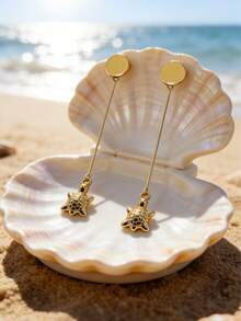 1 Pair Luxury Plated Metal Smooth Round Disc 3D Sea Turtle Dangle Earrings, Vacation Vibe Ocean Style Jewelry For Beach Party, Commute, Face-Framing - Golden Haigui - View 2