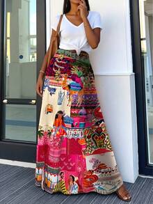 Women's Fashion Vacation Style Printed Versatile Casual Skirt, Retro Pattern For Summer Outings And Photos - Red - View 4