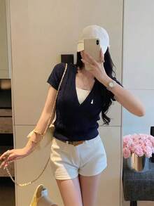 Women's Short Sleeve T-Shirt, Summer New 2 In 1 Design Fitted Casual Sweet Knit Top - Navy Blue - View 3