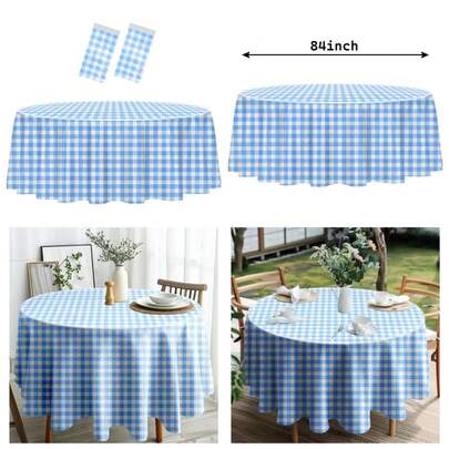Round Checkered Tablecloth 84x84 Inch 2 Pack Blue White Gingham Plastic Table Cover Disposable For Picnic Birthday Party Camping Outdoor Events