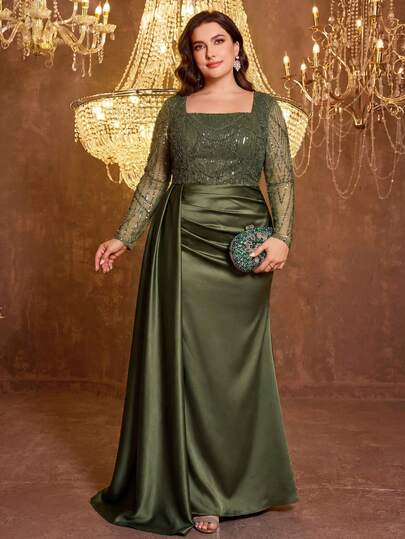  UNITHORSE Plus Size Women's Square Neck Long Sleeve Sequin & Satin Patchwork Evening Gown Wedding