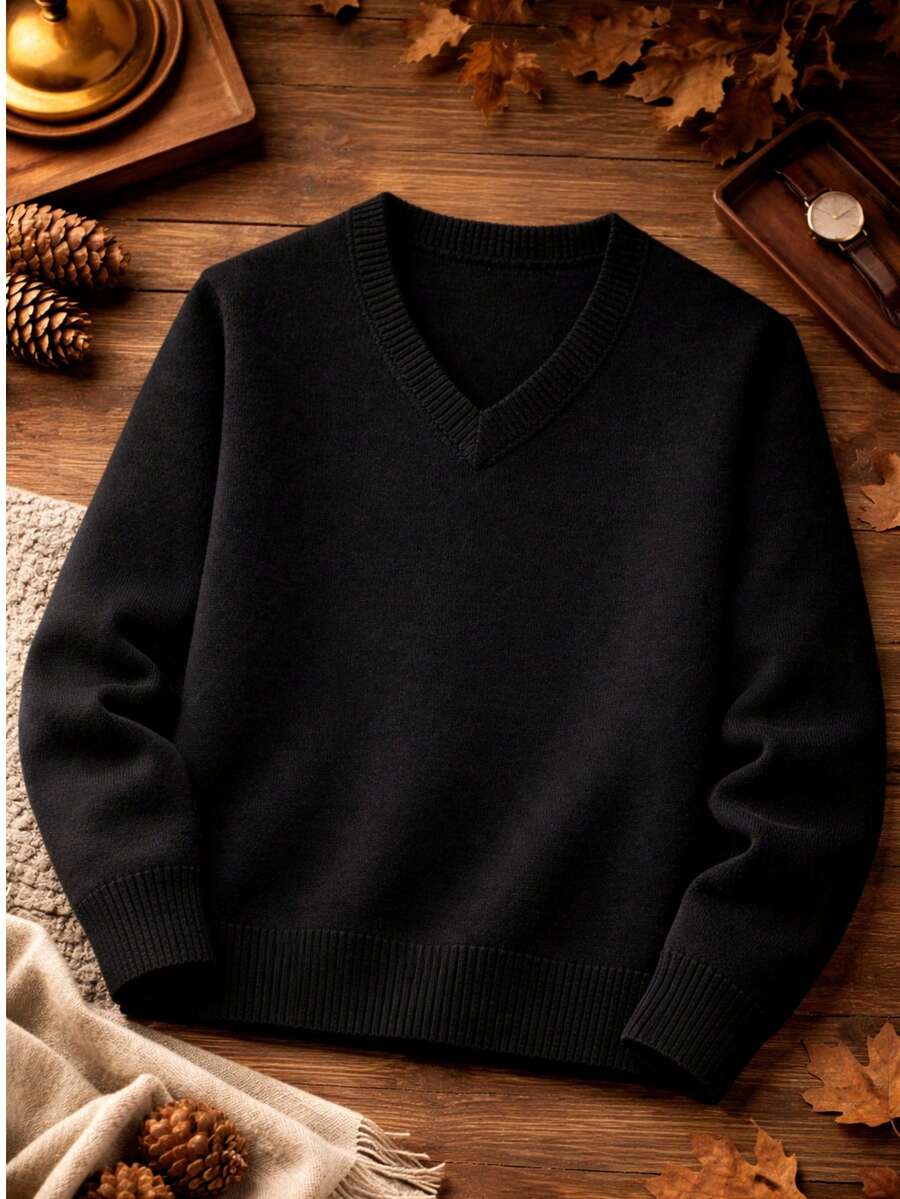 Unisex Youth Knit Sweater, Casual, Comfortable, Stylish Basic Fashion, Boys And Girls, Versatile Everyday Look, Autumn/Winter Fashion, Premium Comfort, Perfect Fit, Teen Clothing, Blogger Style, Streetwear - 黑色 - 查看 1