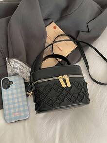 Fashionable Rhombus Pattern Shoulder Crossbody Bag, Large Capacity, Minimalist Luxury Commuter Makeup Bag For Women - Black - View 3