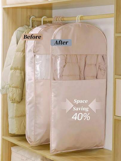 1pc Space-Saving Hanging Garment Bag With Self-Compression Zipper - 40% Compression High-Quality Wardrobe Organizer Bag For Jackets And Clothes, Durable Fabric Storage Bag, Clothing Organization And Storage