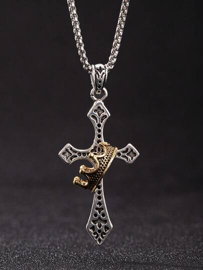 1件时尚百搭复古嘻哈风格双色金银十字架吊坠项链，饰有皇冠，适合旅行、度假、宴会、派对、街头摄影装饰。