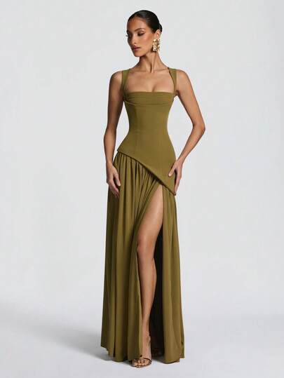 Vestido largo ajustado europeo-americano, tirantes, manga larga, estilo casual y femenino, corte tubo liso