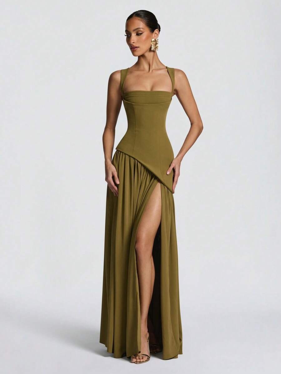 European-American Fitted Maxi Dress, Straps, Long Sleeves, Casual And Feminine Style, Plain Tube Cut - 綠色 - 查看 1