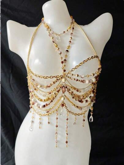 男女通用身体链，变性人身体链，性感文胸珍珠链内衣，迷人诱惑，异域风情透明装饰，女士文胸，派对、假日、夜店、音乐节