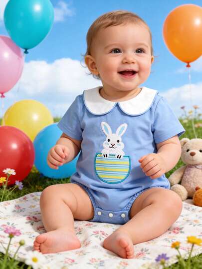 Cute Baby Boy Easter Bunny Bodysuit - Light Blue Short Sleeve With Striped Faux Pocket And Bunny Embroidery, Adorable Outfit For Newborn, Infant, And Toddler Holiday And Everyday Wear