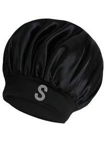 1pc Personalized 26 Hot Drill Alphabet Print Satin Wide Brim Elastic Sleep Cap, Suitable For Curly And Straight Hair Sleep Bonnet - A - View 31