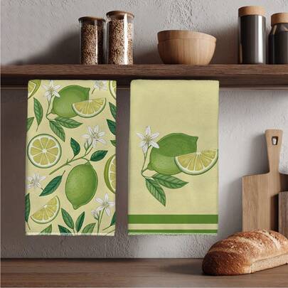 2pcs Watercolor Green Lemon Print Super Absorbent Kitchen Towels, 40*60cm Rectangular Dish Cloths, Hand Towels, Kitchen Decor, Housewarming Gift