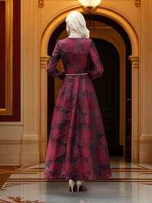 DEVCHATA Đầm maxi dài tay cổ tròn dáng rộng xòe rộng, chất liệu jacquard, kiểu dáng cổ điển sang trọng, tôn lên vẻ quyến rũ và quý phái, hoàn hảo cho các buổi hẹn hò, ngày lễ (Họa tiết hoa ngẫu nhiên), (Không kèm thắt lưng) - Đỏ - Xem 1