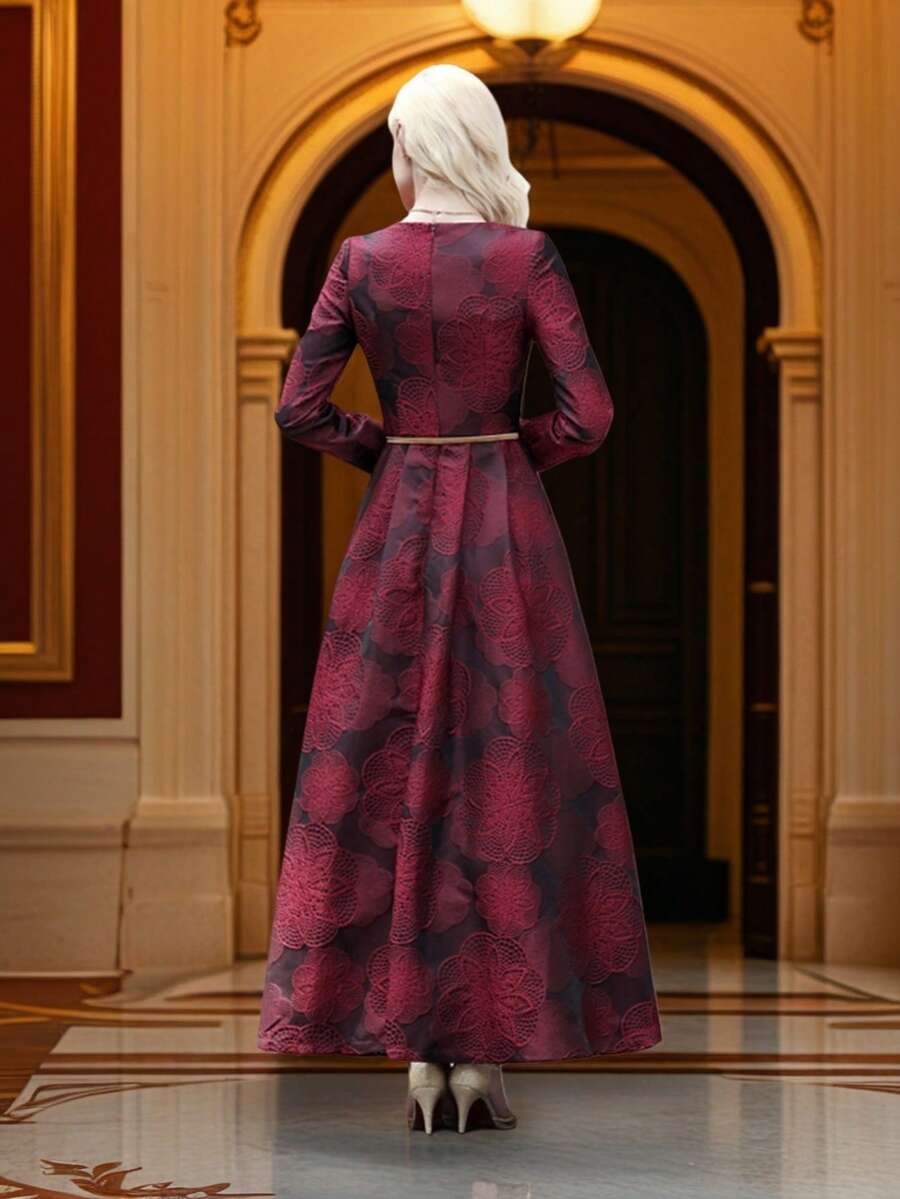 DEVCHATA Đầm maxi dài tay cổ tròn dáng rộng xòe rộng, chất liệu jacquard, kiểu dáng cổ điển sang trọng, tôn lên vẻ quyến rũ và quý phái, hoàn hảo cho các buổi hẹn hò, ngày lễ (Họa tiết hoa ngẫu nhiên), (Không kèm thắt lưng) - Đỏ - Xem 1