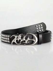 New Punk Style PU Leather Hollow Belt - A Unique Gift Or Accessory With A Vintage, Casual, Luxurious, And Asymmetrical Alloy Buckle. It's A Versatile Piece For Autumn And Winter, Suitable For Teenagers And Young Men. Ideal For Casual Wear, Outdoor Activities, Sports, Vacations, Graduation Gifts, Birthday Presents, And Everyday Use. - 黑色 - 查看 4