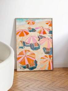 1pc Modern Coastal Style Wall Art - Aerial Beach Landscape With Striped Umbrella, Riviera Italy Print, Soft Summer Decor, Unframed Beach House And Living Room Decorative Poster - Abstract Style a - View 7