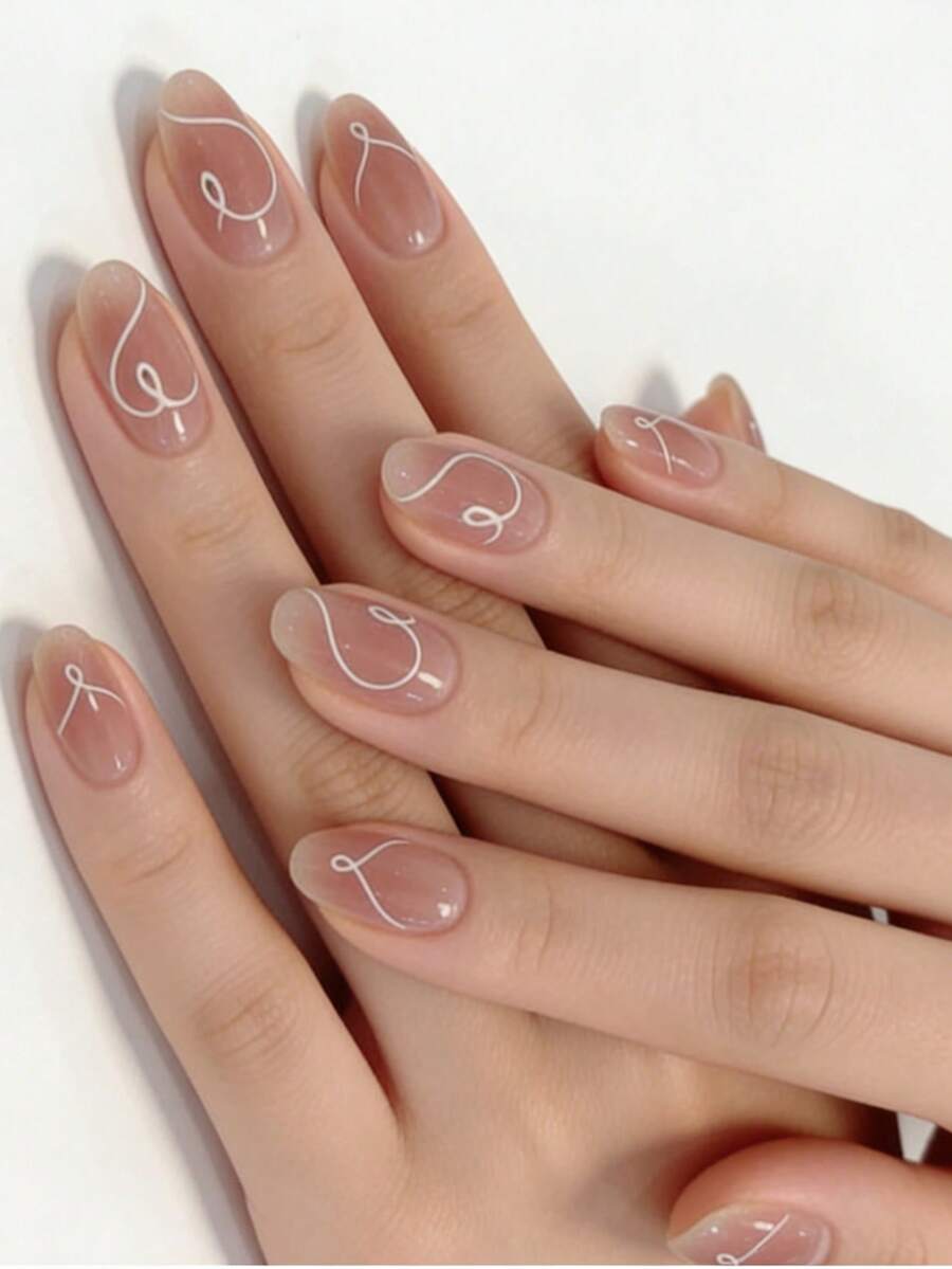 Upgrade Your Look With 24 Pieces Of Elegant Nude False Nails, Pink Fashionable Lines And Heart Pattern, Simple Temperament, Sweet And Cute Wearable Manicure Set, Removable And Reusable, Fake Nail Patches Suitable For Festival Wear, Parties, Friends And Dates, Daily Wear - Multicolor - View 1