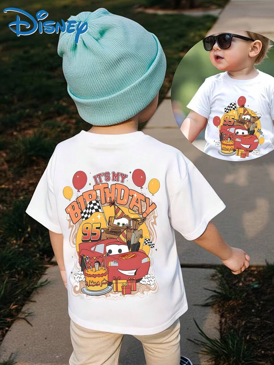 A Casual And Fashionable Short-Sleeved Disney Boys' T-Shirt With A Red Pattern Themed On The Birthday Of Lightning McQueen. Suitable For Daily Wear. - 白色 - 查看 1