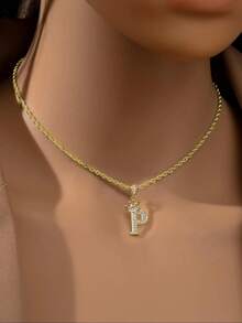 Rhinestone Decor Letter Design Pendant Necklace For Women, Fashion Jewelry For Party, Daily Decor,  All-Match & Exquisite Jewelry For Birthday Gift - Gold - View 3