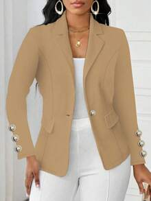 Women's Solid Color Elegant Lapel Long Sleeve Button Faux Pocket Regular Jacket - Khaki - View 1