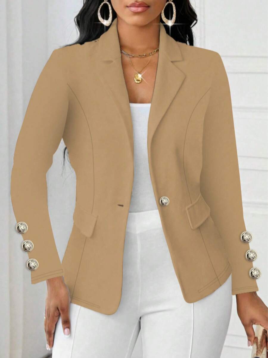 Women's Solid Color Elegant Lapel Long Sleeve Button Faux Pocket Regular Jacket - Khaki - View 1