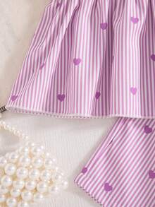 2pcs Girls Casual Striped Heart Print Decor Spaghetti Strap Vest And Elastic Waist Shorts Set, Spring/Summer - Purple - View 5