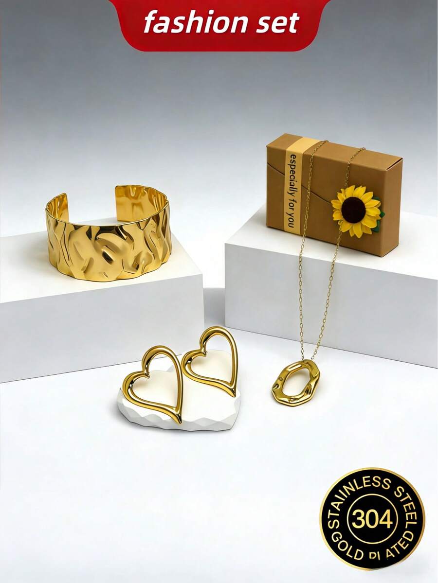 4件套304不锈钢镀金心形首饰套装 - 不对称手镯 + 镂空心形耳环 + 不对称吊坠项链，时尚夸张不对称首饰套装，时尚首饰礼盒套装 - 金色 - 查看 1