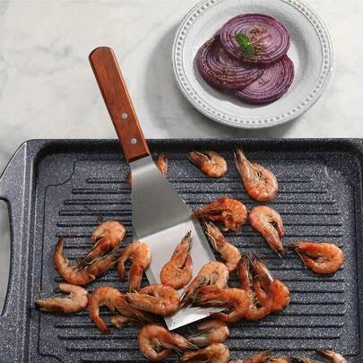 1 件装不锈钢铲，带斜角硬木手柄 - 大号金属煎饼铲，不锈钢蛋糕铲，木柄，牛排烹饪铲，蛋糕甜点工具，适用于铸铁锅、烤盘、蛋糕、煎锅、烧烤、煎饼、汉堡，理想的烧烤和家用厨房工具，烹饪用具，厨房小工具，男女皆宜的礼物