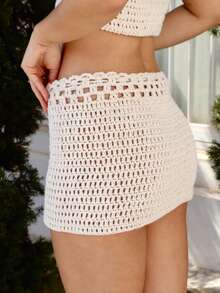 CROCHET SKIRT BEACH COVER-UP MINI SKIRT - Màu be - Xem 5