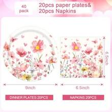 DSpring Flowers Plates And Napkins Sets Pink Floral Party Plies Wildflower 9inch 20pcs Paper Plates And 20pcs Napkins Tableware Party Decorations For Anniversary Wedding Birthday - Colorful - 查看 7