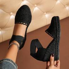 Women's Criss-Cross Elastic Mesh Floral Velvet Linen Rope Casual Wedge Shoes - All Black - View 7