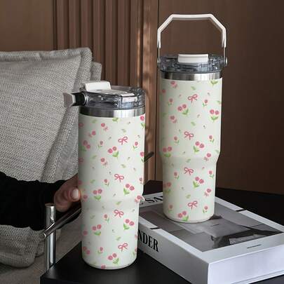 Botella de agua aislada de acero inoxidable de 900ml/30OZ, taza con pajita con asa con diseño de corazón y lazo, a prueba de fugas, de gran capacidad, adecuada para deportes al aire libre, viajes, taza de café, regalo de cumpleaños para ella