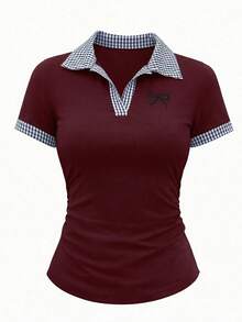 Damen süßes Preppy Marineblaues Karo-Besatz Polokragen Kurzarm Top mit Schleifendruck und Seitenfalten, Lässig Urlaub Ausflug Büro Sommer Kleidung, Eleganter Stil, Valentinstag Date Party Musikfestival Urlaub Strand Hochzeitsgast Karneval Frühling Sommer Alltagskleidung Weiß - Verschiedenfarbig - Übersicht 3