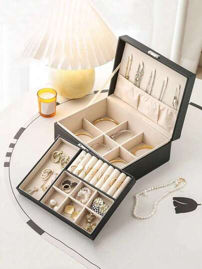 1pc Dual Layer Large Capacity Jewelry Box, PU Leather Jewelry Display Box, Luxury Lock Jewelry Storage Box, Home Jewelry Organizer Accessory, Suitable For Necklaces, Earrings, Rings, Bracelets, Holiday Gift, Back To School Gift, Large Capacity Jewelry Storage Box, Dual Layer Jewelry Box With Lock, PU Leather Waterproof Earring Ring Jewelry Storage Box
