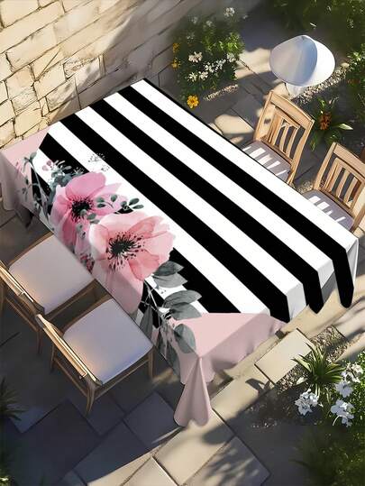 1 chiếc khăn trải bàn hình chữ nhật, khăn trải bàn cắm trại chống thấm nước, khăn trải bàn họa tiết hoa sọc đen trắng, thích hợp cho ngoài trời, tiệc tùng, đám cưới, bữa tối, tụ họp ngoài trời, khăn trải bàn nhà bếp, các dịp lễ hội, là món quà hoàn hảo.