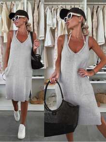 Solid Color Slit Backless New Sleeveless Slip Dress, Sexy V-Neck Sweater, European And American Style Summer - Light Grey - View 1