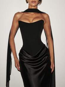 Maggie 女士性感无肩带修身长裙，夏季缎面垂褶连衣裙，黑色系带露背优雅生日派对鸡尾酒裙 - 黑色 - 查看 4