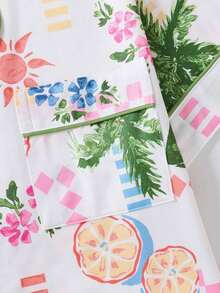 2pcs/Set Women Flower & Leaf Print Casual Pocket Button Pajama Set, Suitable For Summer And All Seasons - Apricot - View 5