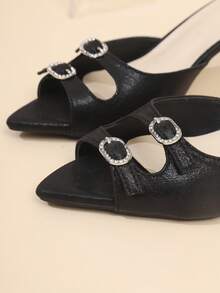 Giày sandal mũi nhọn đính đá, giày mules cao gót một quai gợi cảm, giày sandal cao gót hở gót đa năng cho mùa hè, màu đen. - màu đen - Xem 6