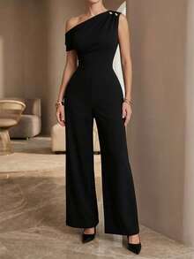Women's Elegant Black One Shoulder Sleeveless High Waist Jumpsuit, Chic Sexy Formal Outfit - Black - View 1