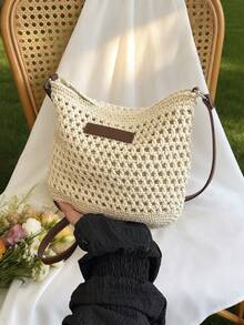 Women's Straw Shoulder Crossbody Bag, Summer Beach Bag - Beige - View 5