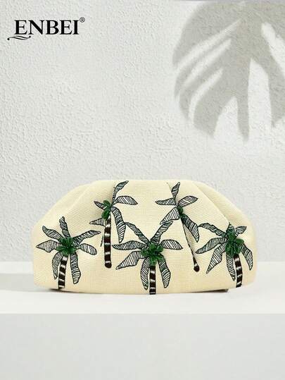  ENBEI Summer New Coconut Tree Vacation Style Clutch - Cosmetic Bag, Women's Beach Bag, Fashion Shell Bag, Minimalist Multipurpose, Elegant Evening Bag, Travel Essential, Holiday Must-Have, Suitable For Vacation, Dinner, Wedding, Date And Shopping. The Perfect Mother's Day Gift For Mom, Sparkling Holiday Gift, Or Christmas Present.